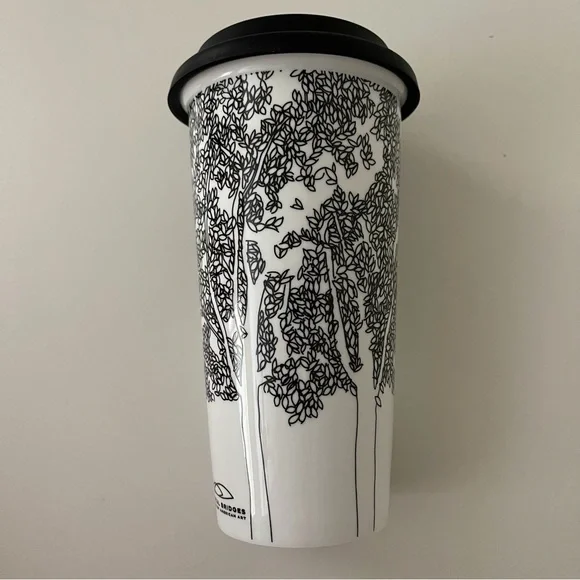 Black and White Artsy Double Walled Ceramic Porcelain Travel Mug - Picture 5 of 16